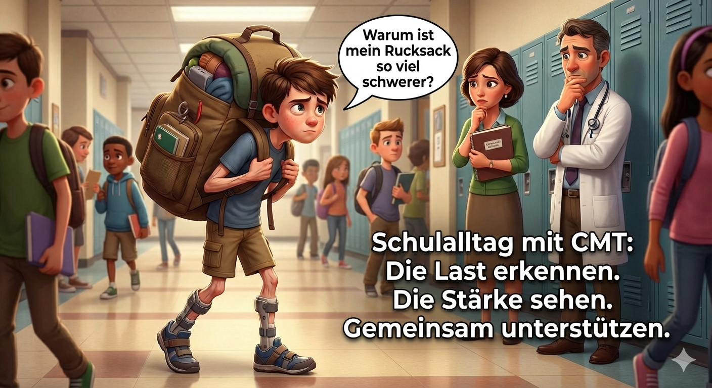  Ein CMT-betroffener Schüler mit dünnen Gliedmaßen, einer viel zu schweren Schultasche in einem Schulgang mit Lehrer und Schularzt die nachdenklich schauen…